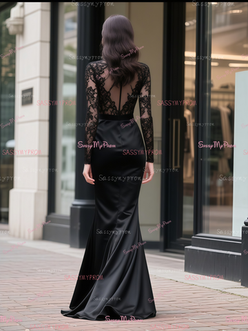 High Neck Mermaid Satin Lace Long Sleeve Black Prom Dress Sassymyprom High Neck Mermaid Satin Lace Long Sleeve Black Prom Dress Sassymyprom