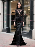 High Neck Mermaid Satin Lace Long Sleeve Black Prom Dress