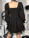 Gothic Ruffle Lace Up Square Neck Flared Dress