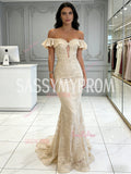 Off The Shoulder Lace Sheer Champgne Trumpet Mermaid Prom Dress