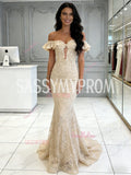 Off The Shoulder Lace Sheer Champgne Trumpet Mermaid Prom Dress