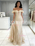 Off The Shoulder Lace Sheer Champgne Trumpet Mermaid Prom Dress