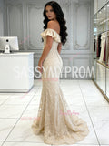 Off The Shoulder Lace Sheer Champgne Trumpet Mermaid Prom Dress