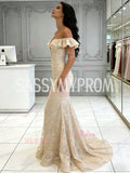 Off The Shoulder Lace Sheer Champgne Trumpet Mermaid Prom Dress