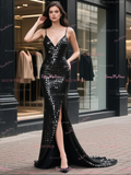 Sequin Trumpet Mermaid Black V Neck Prom Dress With Slit