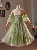 Short Sleeve Sweetheart Floral Green Homecoming Dress