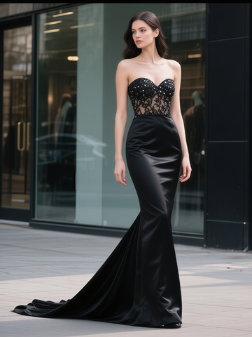 Trumpet Mermaid Satin Beading Black Sweetheart Prom Dress