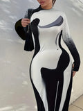 Long Sleeve Color Block Body Print Dress