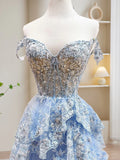 Sequin Blue Ruffles A-Line Tulle Prom Dress