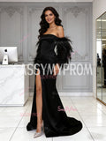 Feather Sleeves Sheath Column Black Strapless Satin Prom Dress WIth Slit