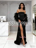 Feather Sleeves Sheath Column Black Strapless Satin Prom Dress WIth Slit