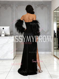 Feather Sleeves Sheath Column Black Strapless Satin Prom Dress WIth Slit