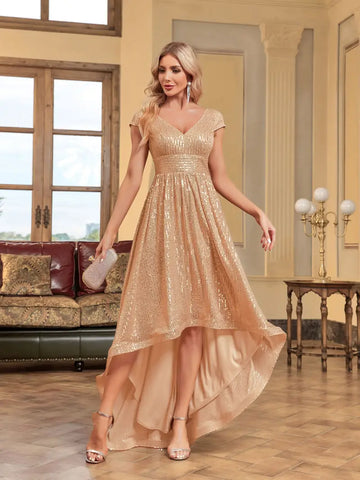 Golden Hour Glamour V-Neck High-Low Sequin Prom Dress