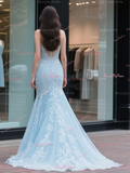 Spaghetti Straps Sequin Baby Blue Keyhole Mermaid Prom Dress