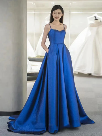 Spaghetti Straps Satin Royal Blue Prom Dress With Pockets