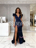 Navy Blue Ruffles V Neck Satin A Line Prom Dress With Slit