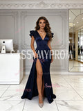 Navy Blue Ruffles V Neck Satin A Line Prom Dress With Slit