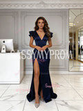 Navy Blue Ruffles V Neck Satin A Line Prom Dress With Slit