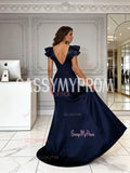 Navy Blue Ruffles V Neck Satin A Line Prom Dress With Slit