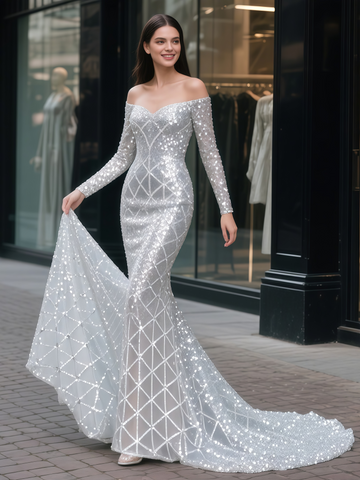 Off The Shoulder Long Sleeve Silver Trumpet Mermaid Prom Dress