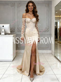 Off The Shoulder Beading Long Sleeve Satin Trumpet Mermaid Prom Dress With Slit