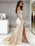 Off The Shoulder Beading Long Sleeve Satin Trumpet Mermaid Prom Dress With Slit