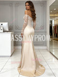 Off The Shoulder Beading Long Sleeve Satin Trumpet Mermaid Prom Dress With Slit
