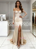 Off The Shoulder Beading Long Sleeve Satin Trumpet Mermaid Prom Dress With Slit