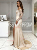 Off The Shoulder Beading Long Sleeve Satin Trumpet Mermaid Prom Dress With Slit