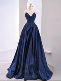 Debonair Navy Satin V Neck Prom Dress With Slit