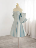 Blue Sweetheart Satin Puffy Sleeve Homecoming Dress With Bow