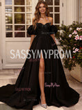 Black Sweetheart Beading A Line Satin Prom Dress With Slit