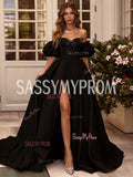 Black Sweetheart Beading A Line Satin Prom Dress With Slit