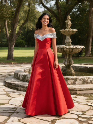 Off The Shoulder Sequin A Line Satin Red Prom Dress