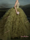 Green Tulle Sweetheart Ball Gown Appliques Sheer Prom Dress