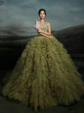 Green Tulle Sweetheart Ball Gown Appliques Sheer Prom Dress