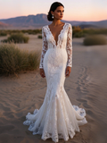 Trumpet Mermaid Backless Long Sleeve Deep V Neck Wedding Dress