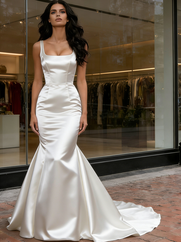 Trumpet Mermaid Square Neck Satin Wedding Dress