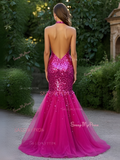 Halter Deep V Neck Fuchsia Sequin Trumpet Mermaid Prom Dress