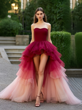 Tulle Sweetheart Burgundy Ombre High Low Prom Dress