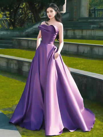 A Line Purple Satin Ruched Prom Dress With Pockets