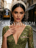 Half Sleeve V Neck Rose Olive Green Beading Tulle Prom Dress