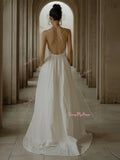 Satin Pocket V Neck Backless Wedding Dress