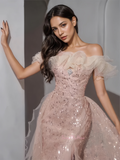 Sequin Trumpet Mermaid Ruffles Champagne Tulle Prom Dress