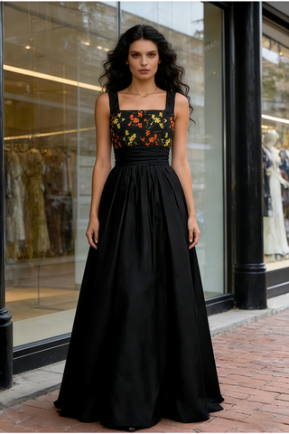 Square A Line Floral Straps Black Prom Dress