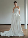 A Line Drape Strapless Satin Wedding Dress With Pockets