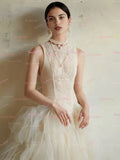 Tulle A Line Beading Ruffles High Neck Wedding Dress