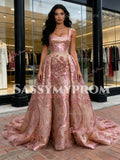 Floral Sheath Column Pink Sequin Detachable Train Prom Dress