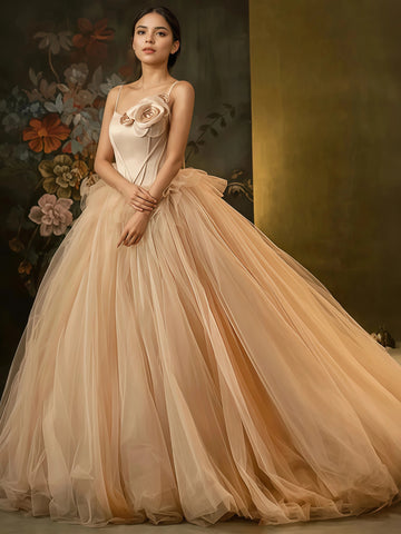 Spaghetti Straps Tulle A Line Champagne Prom Dress US6 / Burgundy