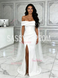 Trumpet Mermaid Satin Off The Shoulder Ruched Wedding Dress With Slit